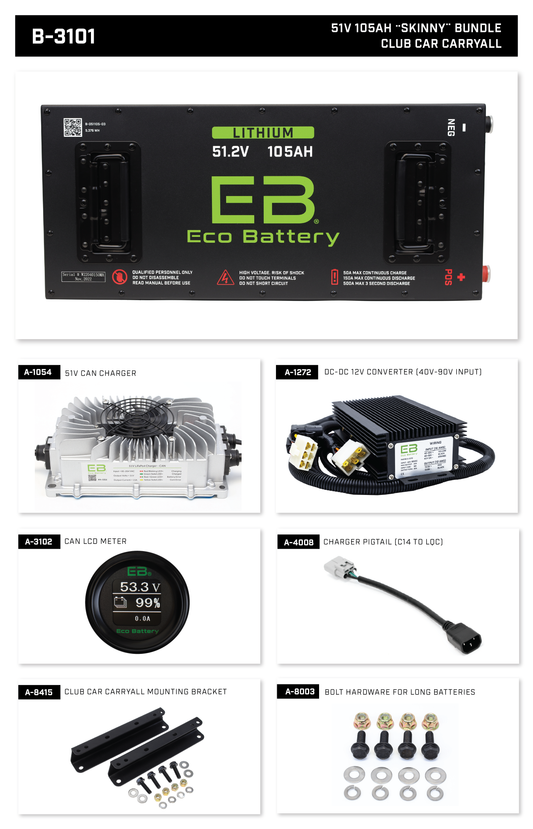 Eco Battery 48V (51v) 105Ah "Skinny" LifePo4 Golf Cart Lithium Battery Bundle