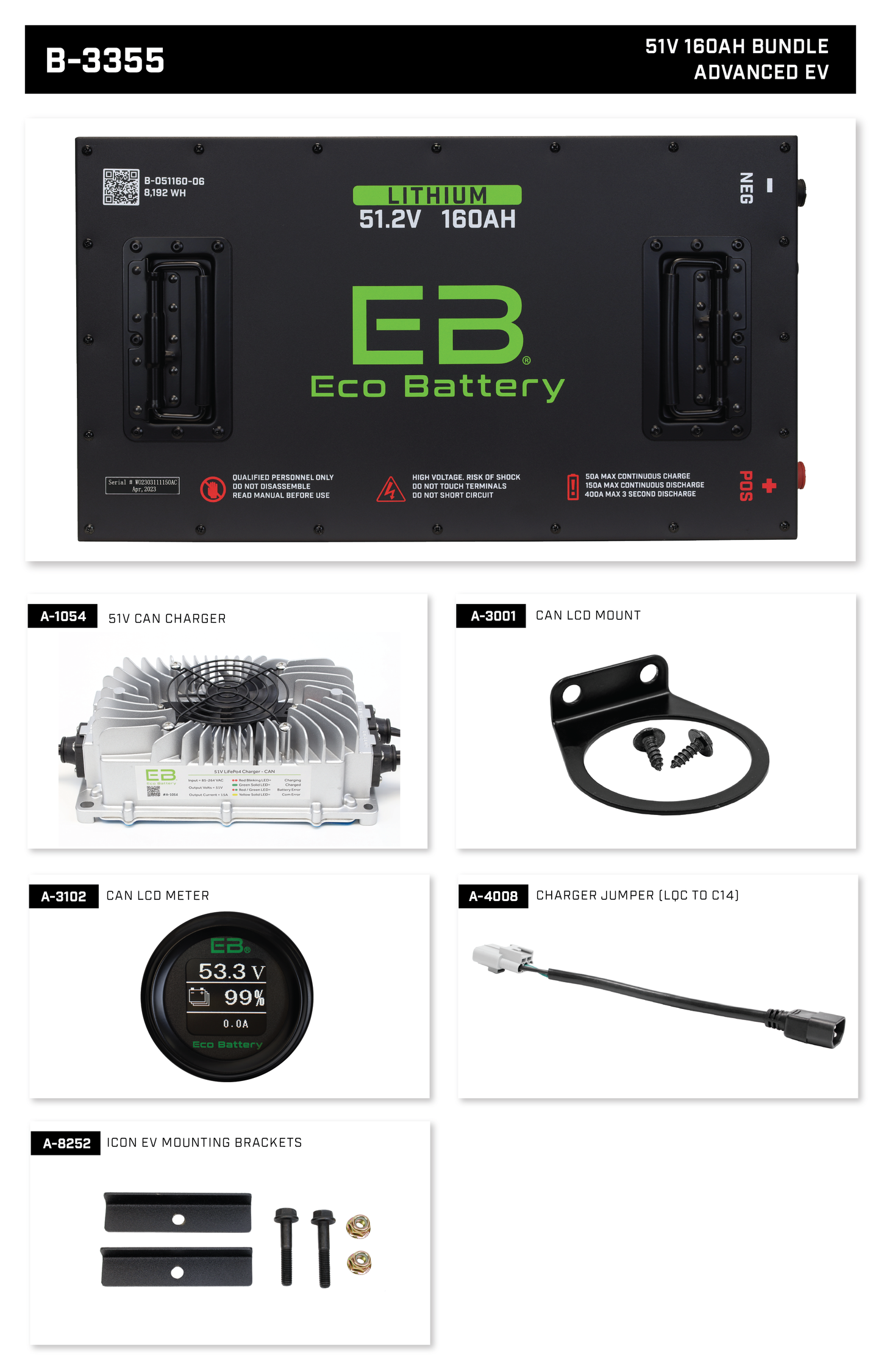 Eco Battery 48V (51v) 160Ah LifePo4 Golf Cart Lithium Battery Bundle