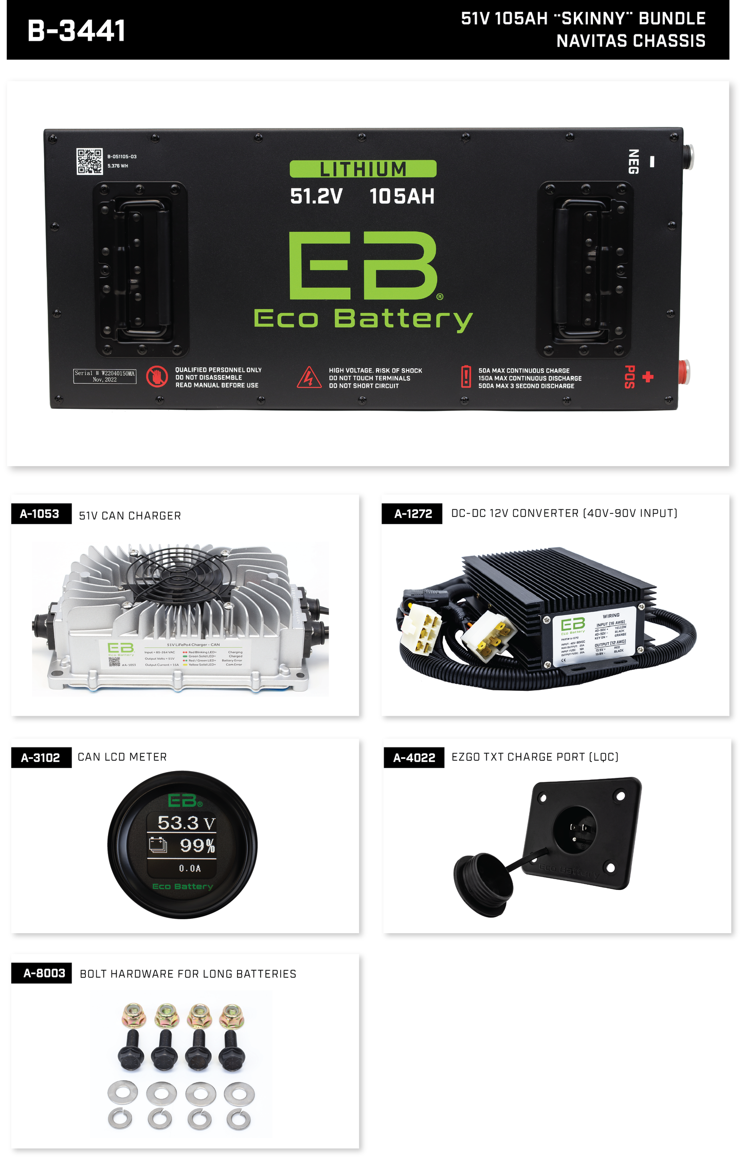 Eco Battery 48V (51v) 105Ah "Skinny" LifePo4 Golf Cart Lithium Battery Bundle