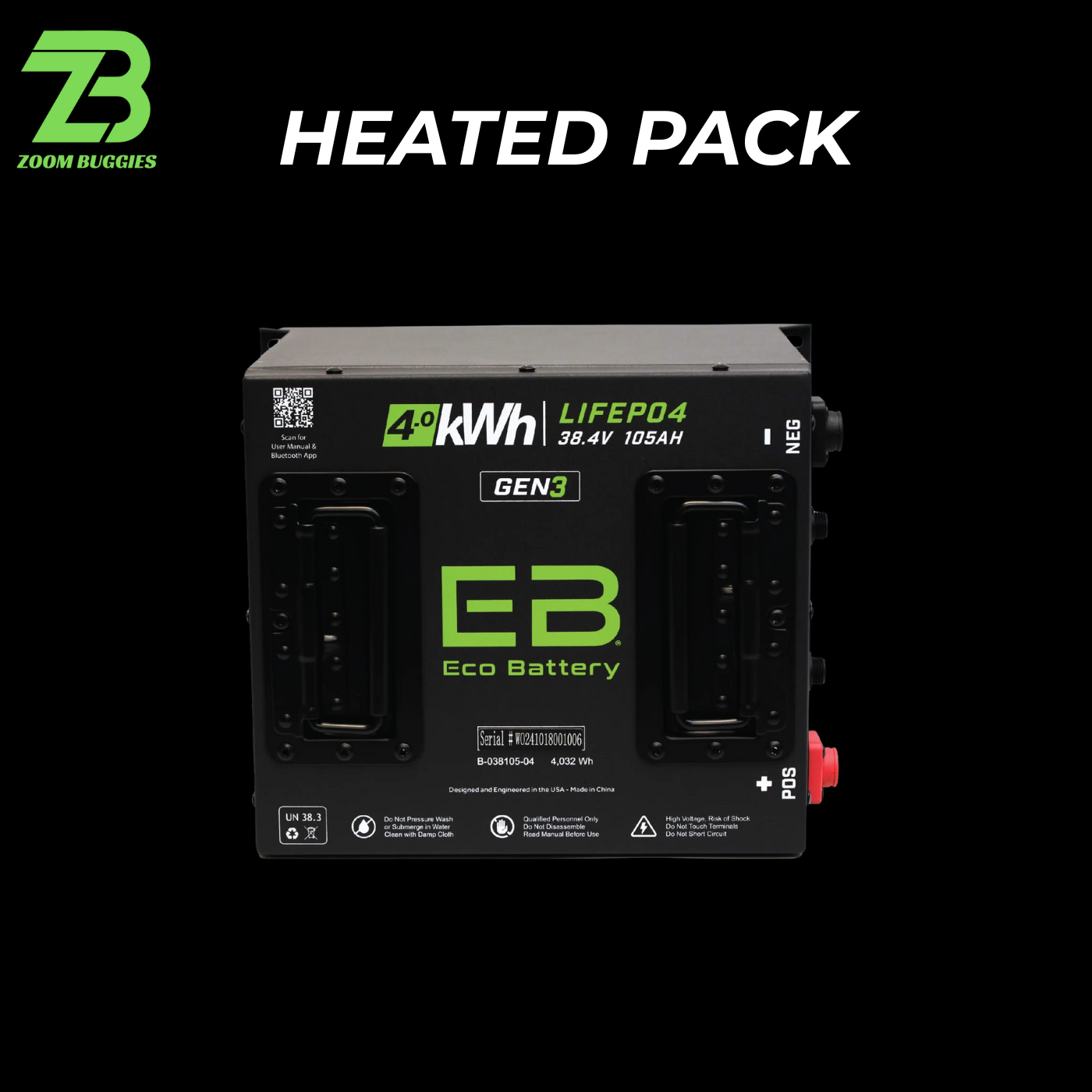 *HEATED* Eco Battery 38V 105Ah Cube LiFePO4 Battery A-038105-04-H